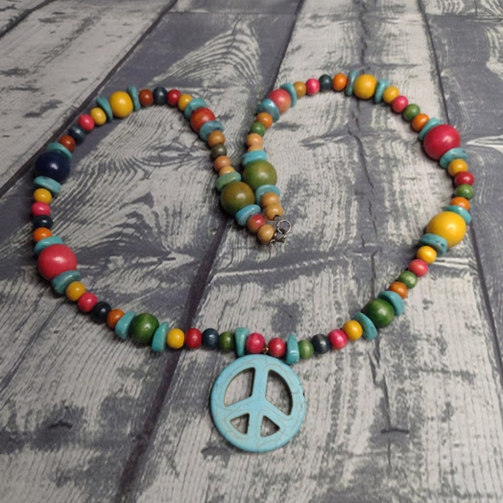 Wood Beads & Turquoise Stone PEACE Necklace